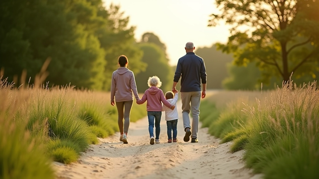 Familie wandelt samen op een breed zandpad door de Biesbosch met waterkanalen aan beide zijden