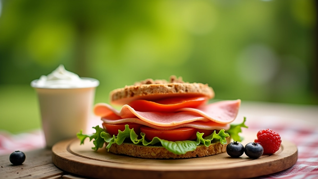Verse broodjes met groente en magere ham, geserveerd met yoghurt en vers fruit in piknikdoos
