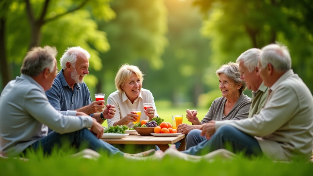 Seniors enjoying a picnic outdoors in nature with scenic backdrop