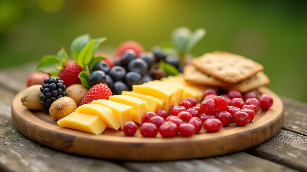 Assortiment gezonde snacks: noten, verse vruchten, kaas en volkoren crackers op houten plank
