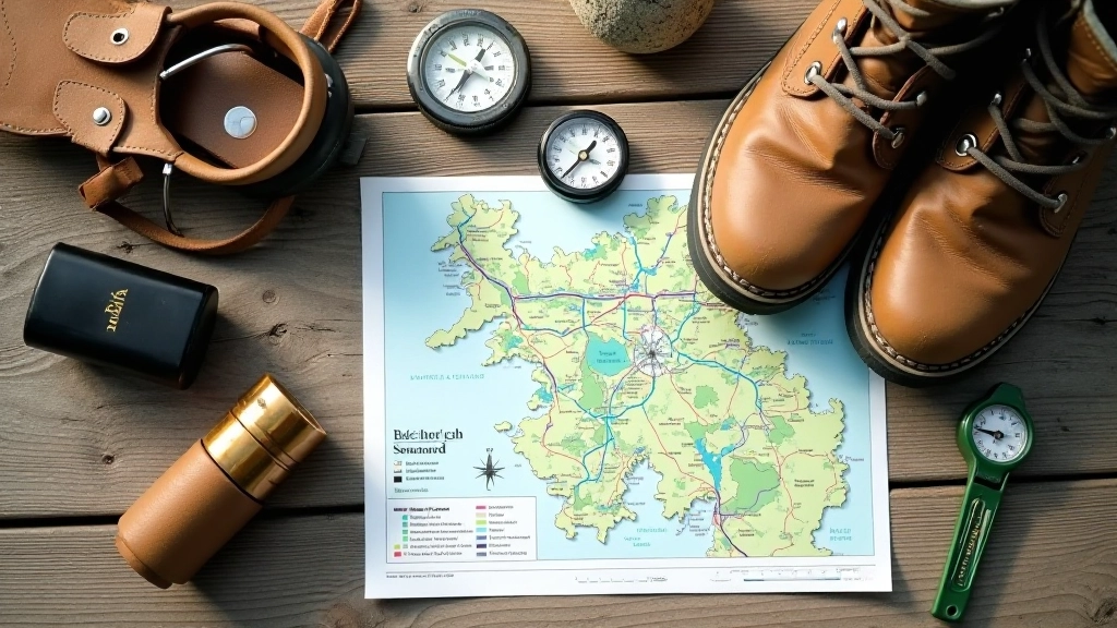 Wandelschoenen, kompas en kaart op houten tafel met wandelspullen