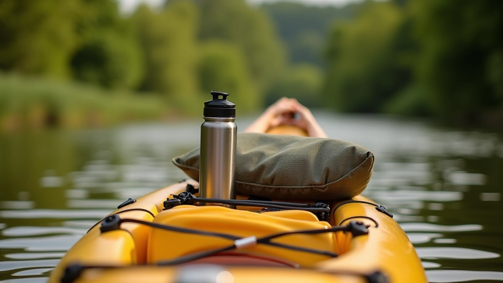 Kajak voorzien van comfort accessories zoals kussentje en drinkfles op rustige waterroute
