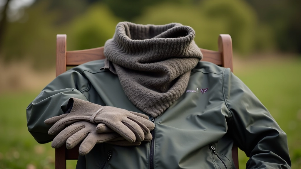 Windjack, sjaal en handschoenen op een tuinstoel, winderige dag buiten