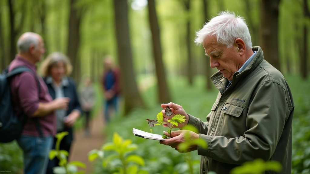 Educational nature guide pointing out details to senior participants