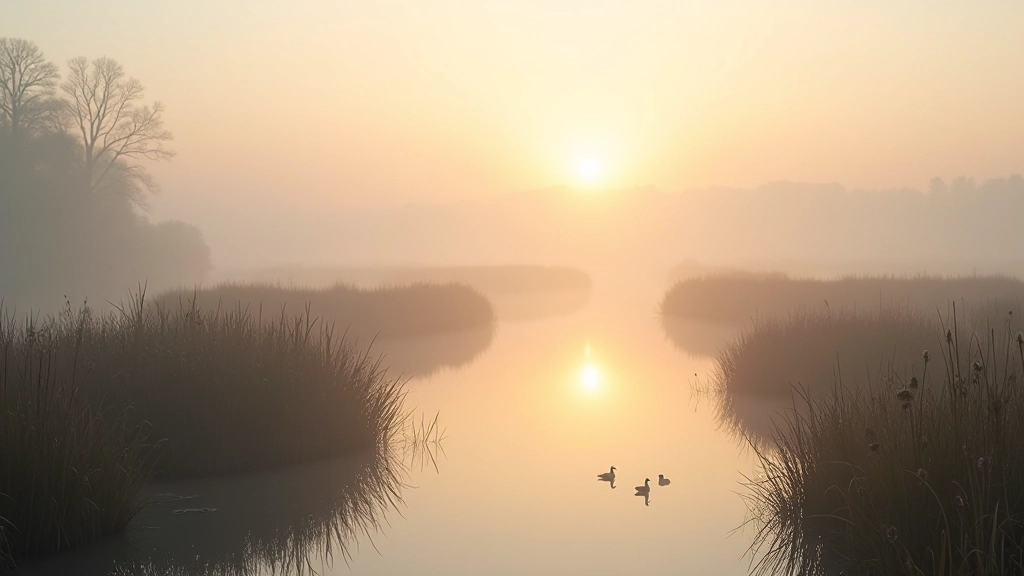 Sunrise view over wetlands with birds flying, peaceful natural setting