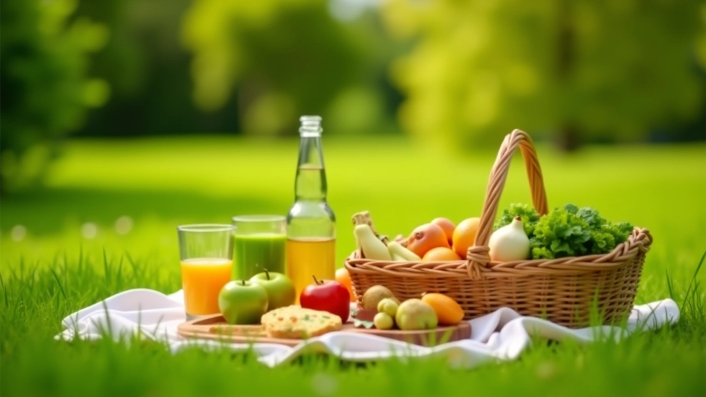 Picknickmand vol vers voedsel, fruit en broodjes op groen gazon
