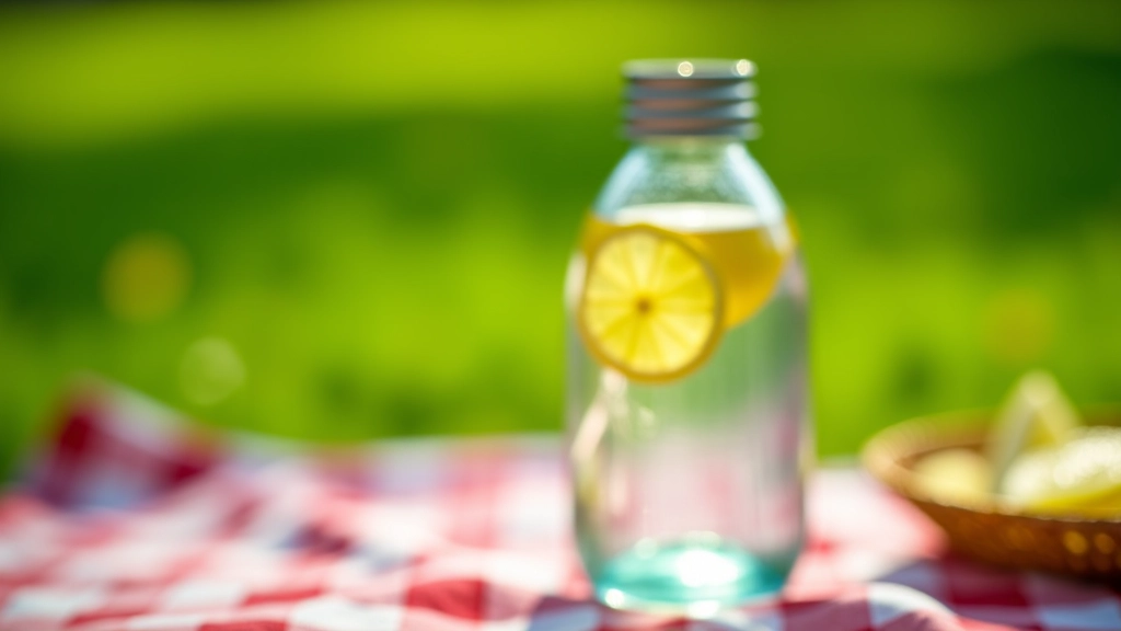 Herbruikbare waterfles met citroen op een picknickdeken, gras op achtergrond