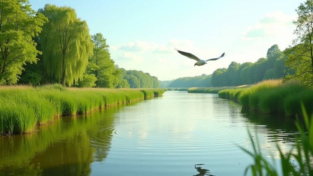 Vogels vliegen over rustige water en groen landschap van het Biesbosch in zonlicht