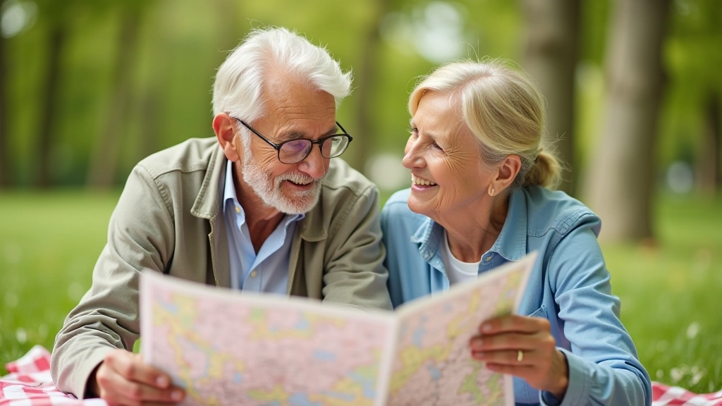 Senioren plannen een wandelroute met een papiertje kaart en vergrootglas op een picknickdeken