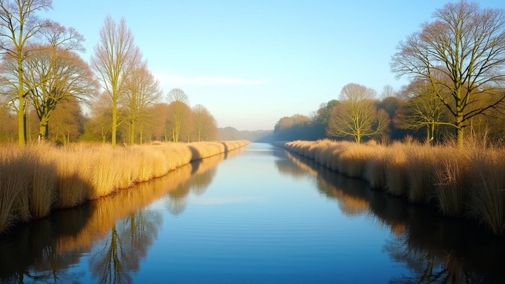 Rustig kanaal in het Biesbosch met rietoevers en reflectie in het water op een zonnige ochtend