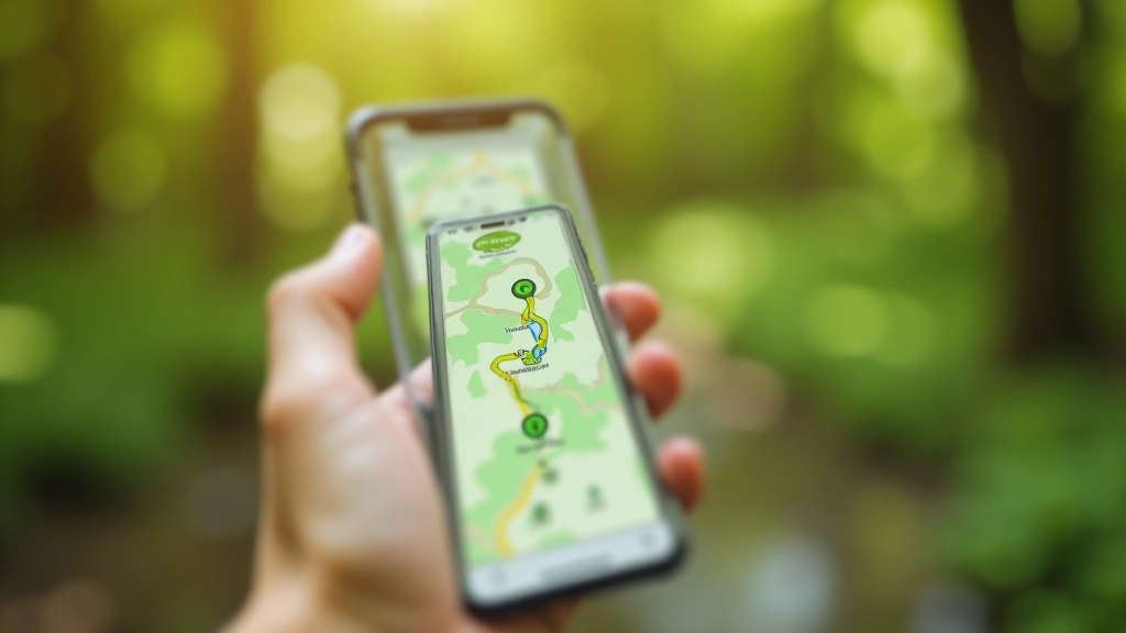 Digitale routeplanner app op een smartphone toont een wandelpad met groen markering door het Biesbosch