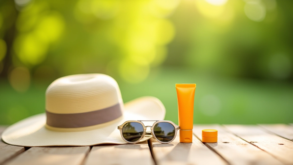 Zonnehoed, zonnebrandcrème en lipbalsem SPF 30 op een houten tafel met zomeraccessoires