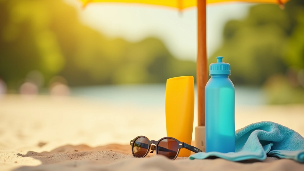Zonnebril, zonnebrandcrème en waterfles op een handdoek onder parasol